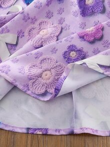 SHEIN 女童編織花卉蝴蝶結圖案方領荷葉邊休閒上衣 - 紫色 - 查看 7