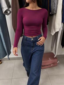 INAWLY Women's Solid Color Pleated Slim Fit Versatile Daily Wear Long Sleeve Top - Red Violet - View 2
