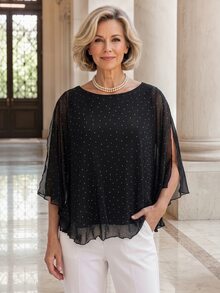 EMERY ROSE Elegant Rhinestone Embellished Split Sleeve Blouse For Middle-Aged And Elderly Women - Black - View 4