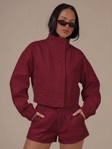 MUSERA 丹寧高領泡泡袖拉鍊外套 春夏可愛舒適鄉村風 Spring Dew - 酒紅色 - 查看 1