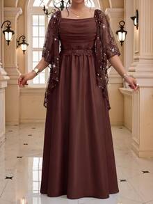 Fleurora Plus Contrast Sequin Ruched Mesh Overlay Dress - Coffee Brown - View 7