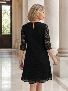 EMERY ROSE Middle-Aged Women's Contrast Lace 3/4 Sleeve Round Neck Elegant Dress - Black - View 2