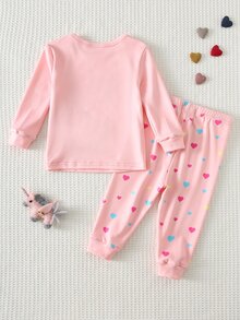 Cozy Pixies Young Girl Reflective Unicorn Print Long Sleeve Tee & Pants PJ Set - Baby Pink - View 2