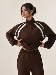 Sovereign Charm Sovereign Charm Sweatshirt Olahraga Lengan Panjang Wanita Bergaris dengan Resleting Setengah - Coklat - View 5