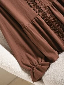 CosyJoli Plus Size Solid Frill Trim Flounce Sleeve Babydoll Blouse - Brown - View 5