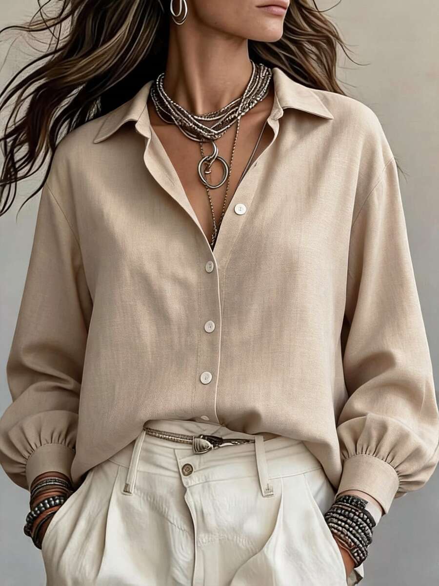 Selamara Plus Size Women's Solid Color Casual Versatile Daily Wear Shirt - Khaki - View 1