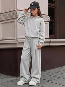 SHEIN 青少年女孩休閒極簡寬鬆軟厚連帽衛衣與寬腿運動褲2件套，附抽繩口袋，適合秋冬日常、街頭風、外出、慵懶休閒、嘻哈、Y2K - 灰色 - 查看 4
