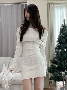 DAZY Solid Color Fitted Square Neck Long Sleeve Elegant Sexy Vacation Korean Style Spring Autumn Short Sweater Dress For Women - White - View 8