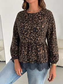 Shapeblank Casual Leopard Print Fabric Contrast Lace Trim Plus Size Round Neck Long Sleeve Blouse, Suitable For Autumn/Winter, Coffee Color Top - Brown - View 5