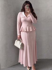 Modelyn Plus Contrast Shawl Collar Peplum Top & Flare Skirt Set - Pink - View 5