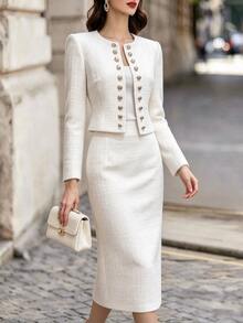 SHEIN Women's Double-Breasted Open Front Jacket And Skirt Elegant Two Pieces Set - White - View 3