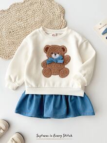 Cozy Pixies Gaun Anak Perempuan Motif Beruang dengan Pita dan Hiasan Tempel, Model 2 in 1 untuk Musim Gugur dan Musim Dingin - Biru - View 6