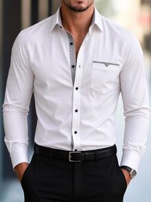 Manfinity Mode Men Polka Dot Contrast Trim Pocket Patched Shirt - White - View 3