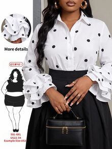 SHEIN CURVE+ Plus Size Women's Polka Dot Elegant Blouse, Single-Breasted Ruffle Cuff Casual Top, Suitable For Autumn/Winter, Fashionable For Commuting, Office Or Party Outings - White - View 1