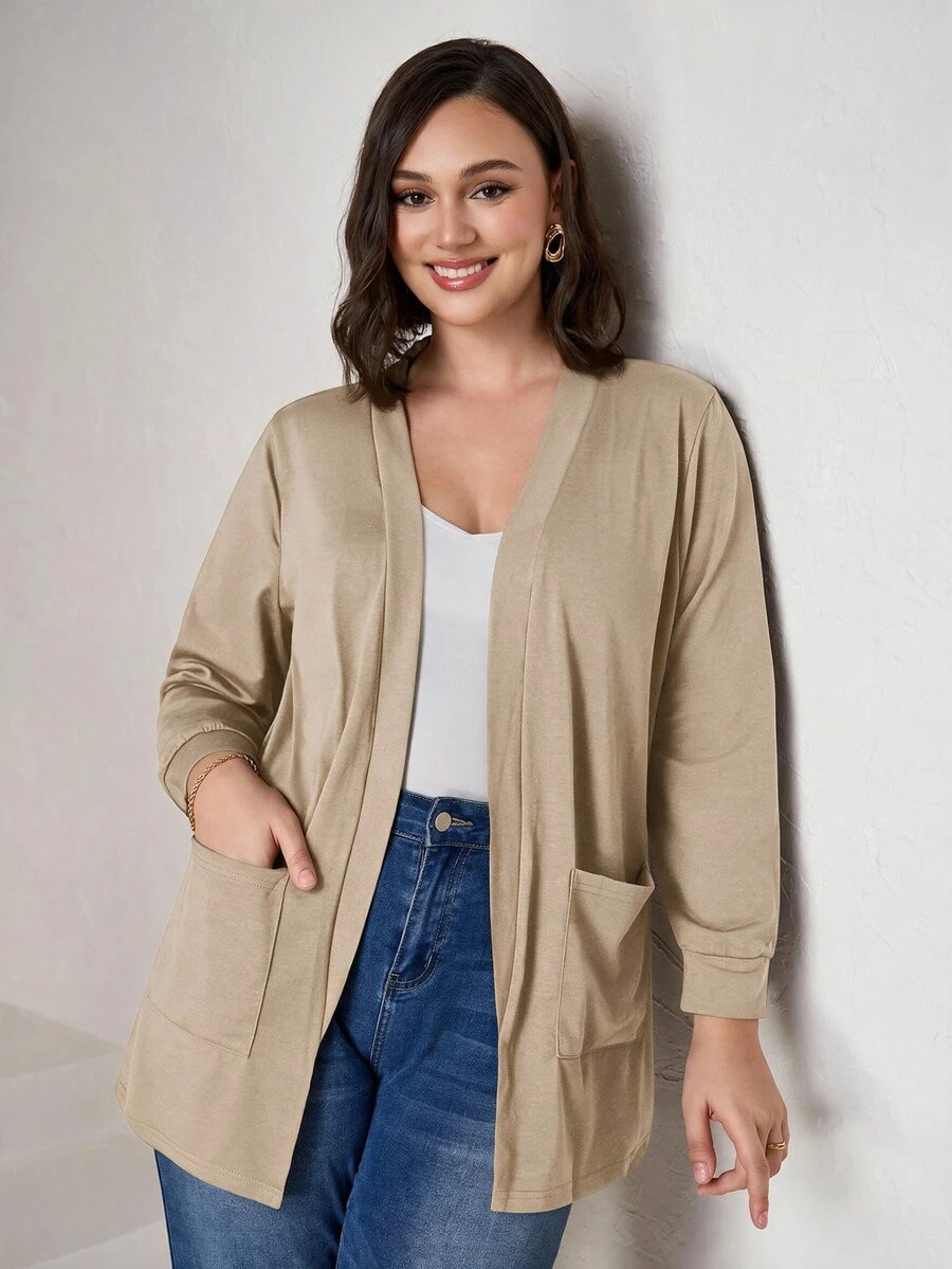 Chikora Plus Size Black Knit Pocket Loose Fit Cardigan With Pockets,Business Casual Woman Winter Fall Autumn - Camel - View 1