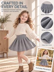 SHEIN Girls' Autumn/Winter Knitted Skirt, Solid Gray, Elastic Waist, Flared Pleated Umbrella Style. Soft Woolen Fabric, Comfortable Wear Without Tight Waist, Suitable For Daily Matching With Sweaters And Tops, Simple And Versatile - Black - View 1