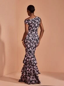 JIAN LASALA Knit Floral Print One Shoulder Multi Layers Ruffle Hemline Long Dress Elegant Vacation - Multicolor - View 2