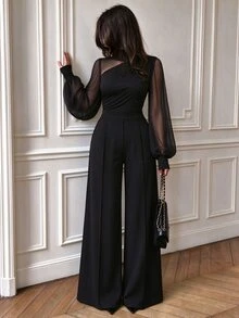 Elenzga High Neck Asymmetrical Shoulder Mesh Patchwork Long Sleeve Top + High Waist Drape Wide Leg Pants 2pcs Set, Elegant Slimming Black - Black - View 5