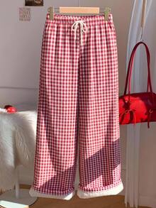 SHEIN EZwear 女款秋冬新款聖誕格紋抓絨內裡加厚簡約前綁帶寬鬆運動褲，休閒日常穿搭，適合返校季，秋冬加厚運動褲，適合日常通勤、派對、秋冬、夏季、派對、婚禮、海灘、畢業典禮等場合，優雅休閒，適合外出，Y2K風格，音樂節等 - 紅色 - 查看 4