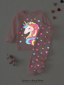Cozy Pixies Young Girl Reflective Unicorn Print Long Sleeve Tee & Pants PJ Set - Baby Pink - View 7