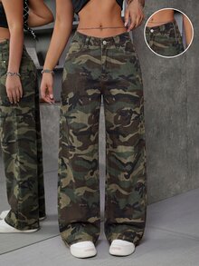 Jeanoix 女款迷彩口袋V型低腰牛仔褲 - 軍綠色 - 查看 1