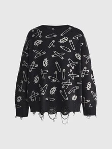 ROMWE Dark Gothic Special Jacquard Loose Knit Cardigan - Black - View 2