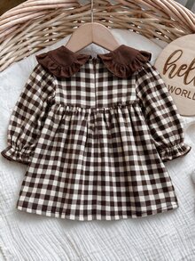 SHEIN 新生兒嬰兒格子印花拼接色塊蝴蝶結彼得潘領喇叭袖洋裝 - 棕色 - 查看 3