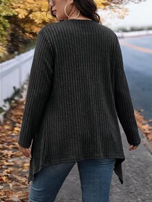 SHEIN LUNE 大尺碼秋季時尚不對稱領設計長版針織開襟衫，適合外出、辦公與工作，黑色休閒寬鬆西式風格 - 深灰色 - 查看 2