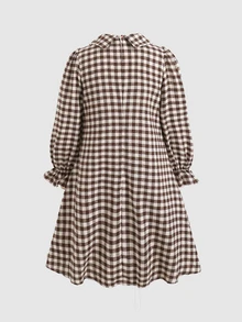 SHEIN Tween Girl 紅色燈芯絨荷葉邊抓褶腰 A 字蝴蝶結洋裝 - 棕色 - 查看 2