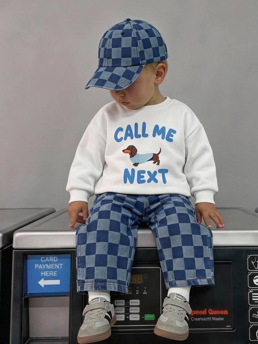 SHEIN THE HAPPY LOOK Young Boy Striped Dog Kids Graphic Sweatshirt And Checkerboard Pattern Denim Autumn Pants Set - Blue - View 1