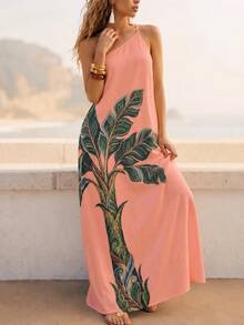CAJUNI Chic Vacation Ornament Palm Tree One Shoulder Dress Maxi Dress - Coral Orange - View 7
