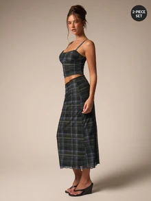 Athîral Plaid Print Bustier Crop Cami Top & Low Waist Skirt Set - Army Green - View 1