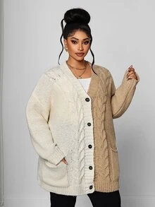 Maweii Plus Women's Sweater Cardigan, Coat, Drawstring, Contrasting Color, Pocket, Loose Fit,Autumn/Winter - Multicolor - View 7