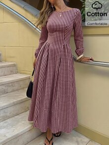Siren Gaze 女款格紋圓領長袖優雅洋裝 教師節 辦公室 早午餐 茶會 日間派對 秋季 酒紅/波爾多紅 - 酒紅色 - 查看 4