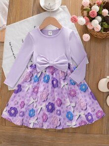 SHEIN 女童編織花卉蝴蝶結圖案方領荷葉邊休閒上衣 - 紫色 - 查看 1