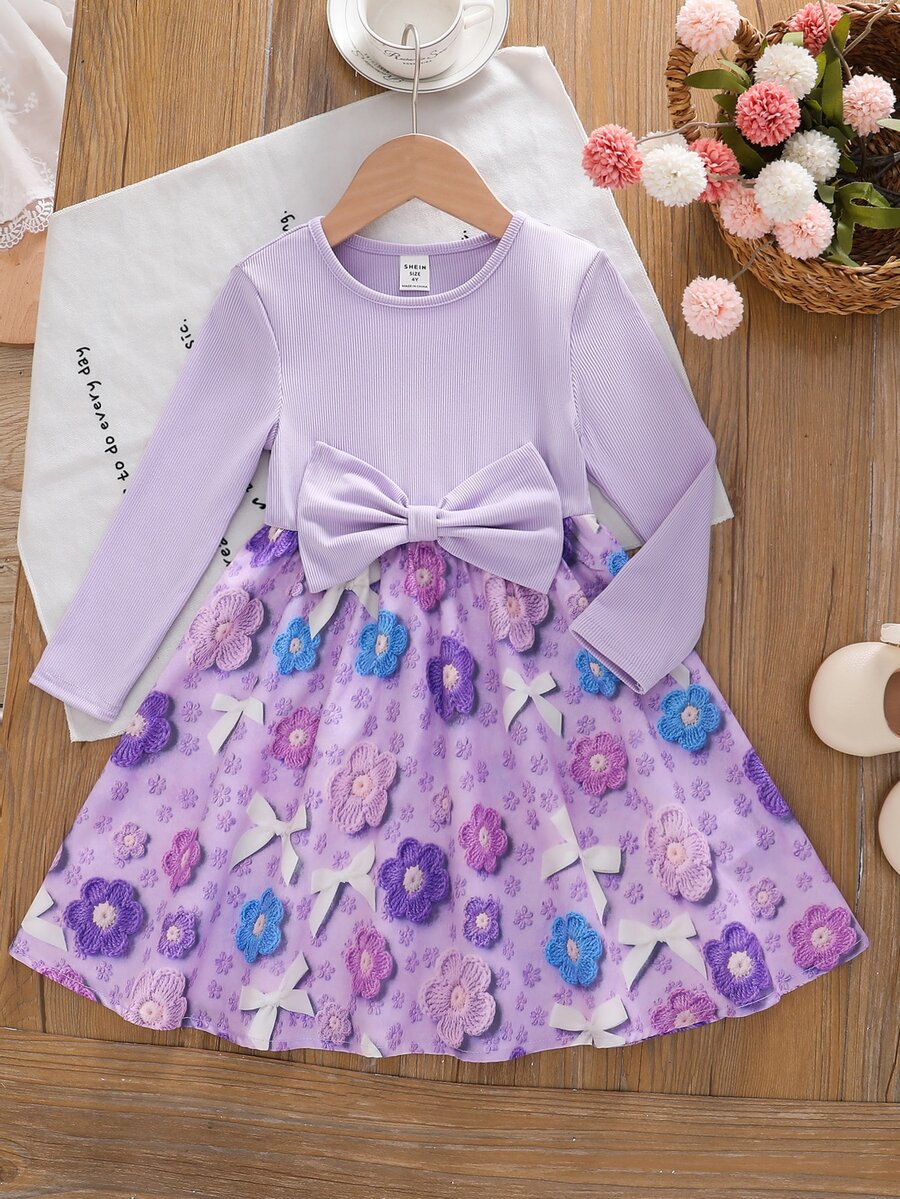 SHEIN 女童編織花卉蝴蝶結圖案方領荷葉邊休閒上衣 - 紫色 - 查看 1