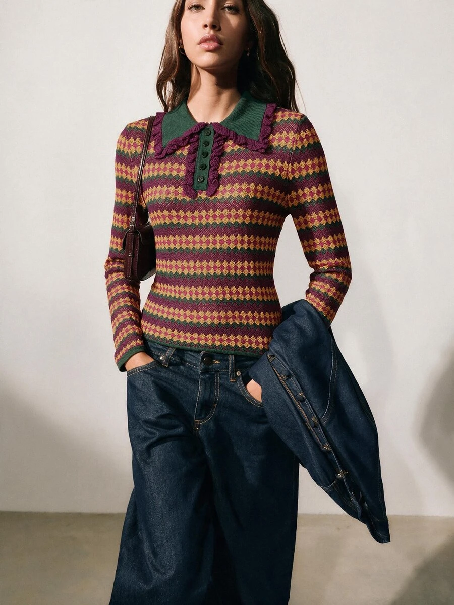 Nöista Sweater Lengan Panjang Kasual Bergaris untuk Wanita, Cocok untuk Sehari-hari - Purple - View 1