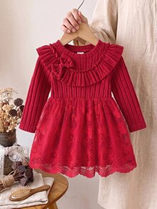 Souflis Souflis 1件幼女甜美酒紅色蝴蝶結荷葉邊花卉刺繡長袖圓領加厚冬季節日派對公主芭蕾舞網紗蓬蓬裙 - 紅色 - 查看 3