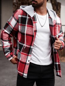 Manfinity CasualCool 男士大尺碼格紋抽繩連帽休閒長袖襯衫外套，不含T恤，男友禮物 - 彩色 - 查看 4