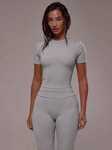 Musera Sport 運動 T-shirt 與瑜伽褲套裝 健身運動健身房 皮拉提斯 日常休閒 煙水晶色 - 淺灰色 - 查看 5