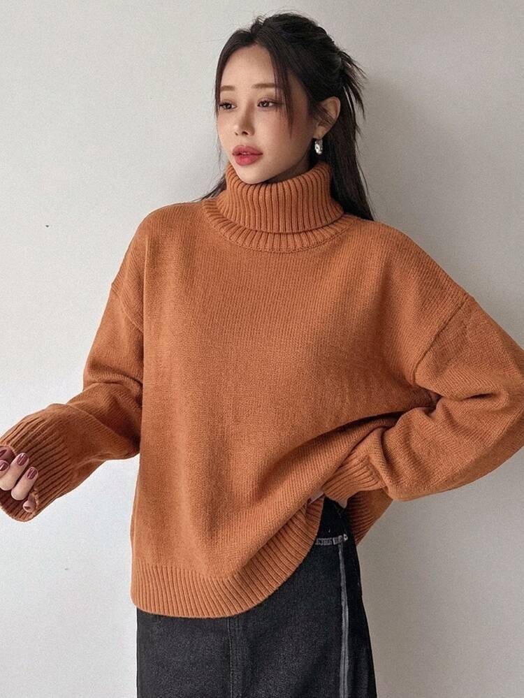 DAZY Women's Autumn/Winter Versatile Casual Solid Color Turtleneck Sweater - Orange - View 7