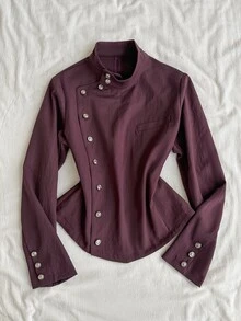 Attitoon Jaket Lengan Panjang Wanita Warna Polos Kasual Serbaguna untuk Sehari-hari - Burgundy - View 1