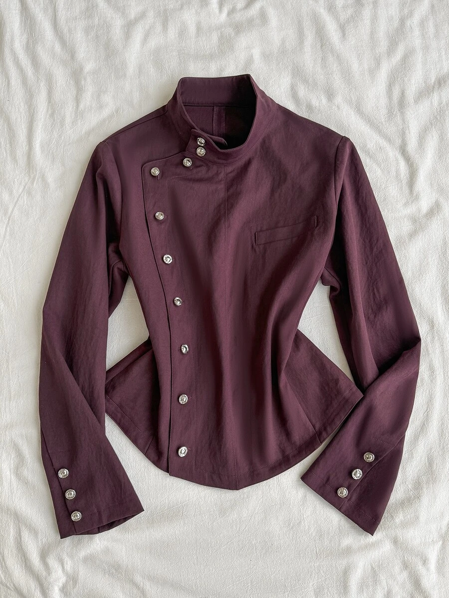 Attitoon Jaket Lengan Panjang Wanita Warna Polos Kasual Serbaguna untuk Sehari-hari - Burgundy - View 1