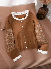 CosyJoli Plus Embroidery Floral Pattern Lace Trim Raglan Sleeve Cardigan - Brown - View 6