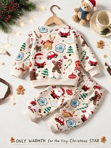Infant Toddler Round Neck Casual Comfortable Set, Classic Christmas Element Pattern Print, Cute Christmas Reindeer Pattern Print, Classic Christmas Candy Pattern Print, Classic Christmas Gingerbread Man Pattern Print, Christmas Snowman Pattern Print, Classic Christmas Tree Pattern Print, Suitable For Autumn/Winter, Suitable For Christmas - Multicolor - View 4