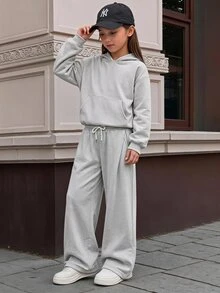 SHEIN 青少年女孩 1件袋鼠口袋落肩連帽衛衣 & 1件寬腿運動長褲套裝 - 灰色 - 查看 1