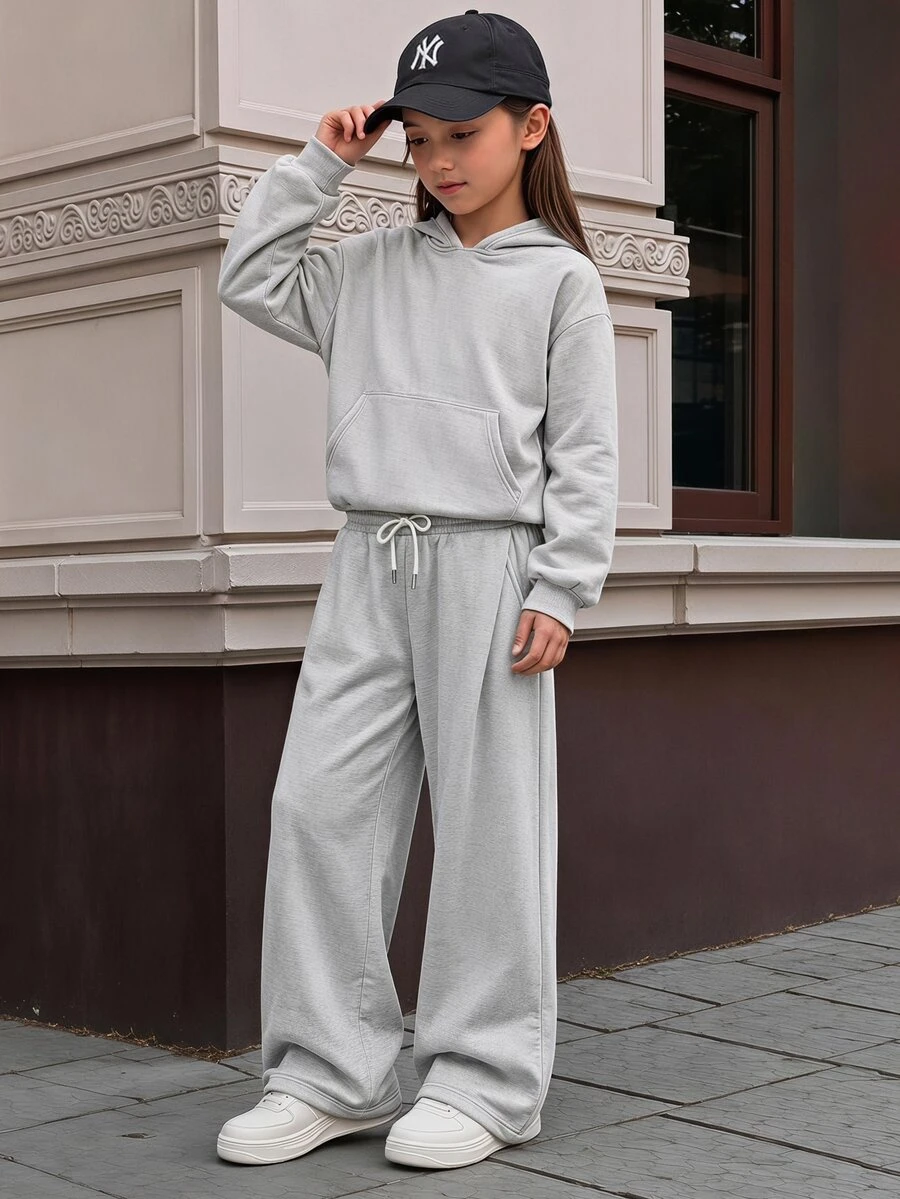 SHEIN 青少年女孩 1件袋鼠口袋落肩連帽衛衣 & 1件寬腿運動長褲套裝 - 灰色 - 查看 1