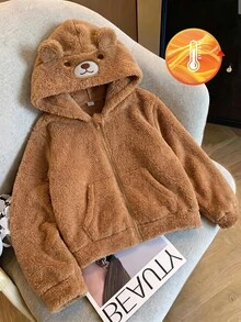 Tween Girl Cartoon Bear Embroidered Plush Hooded Jacket - Brown - View 3
