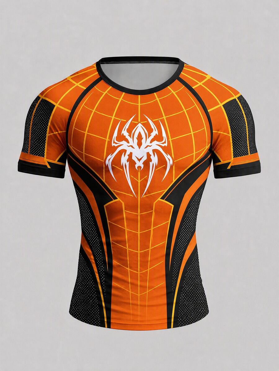 GymBeat Men's Spider Print Raglan Short Sleeve Sports Athletic Athleisure T-Shirt Halloween Workout Gym Black Summer - Multicolor - View 1