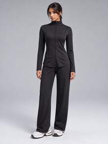 SHEIN With My Calm Mock Neck Thumbholes Zip Up Sports Top & Pants Set - Black - View 4